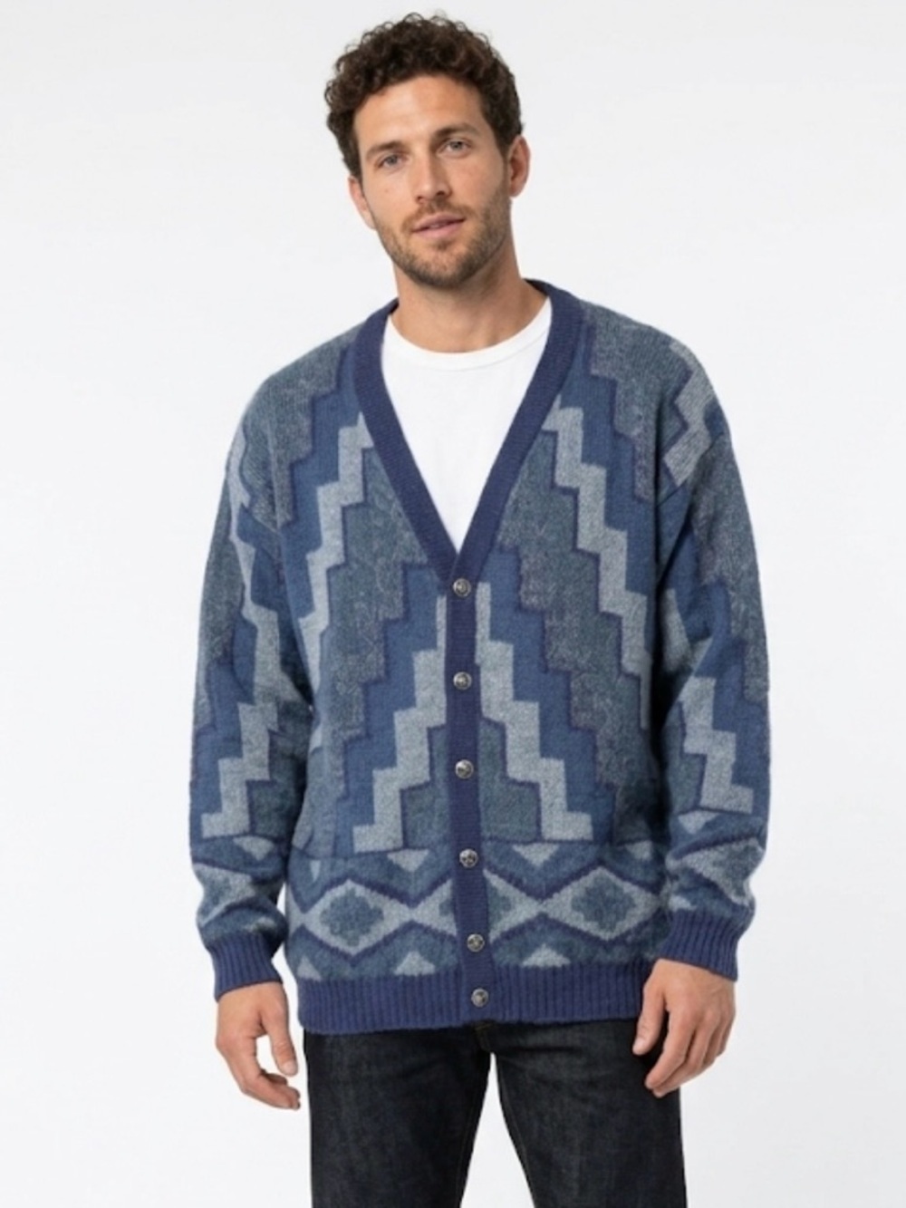 Vintage Baby Alpaca Cardigan Blue Aztec Geometric Pattern Made in Peru xl